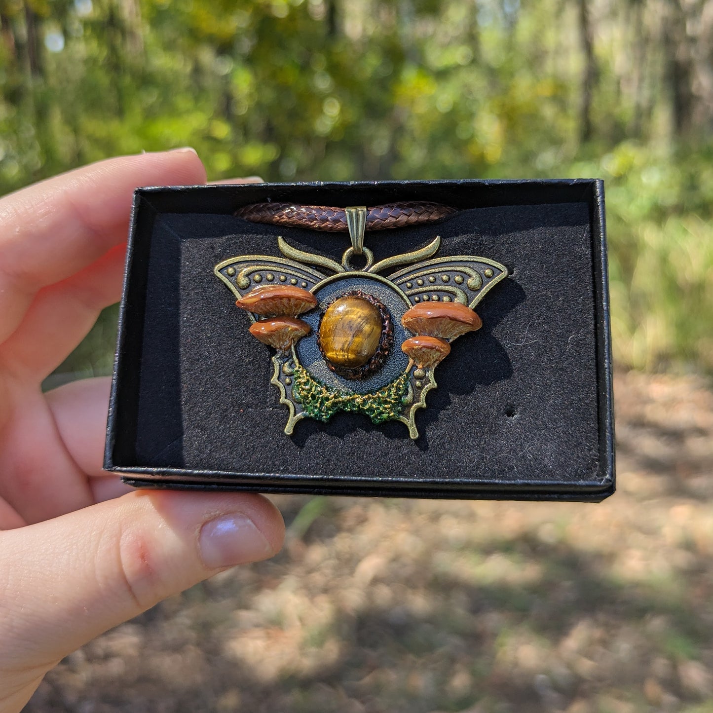 Mushroom Crystal Moth Necklace | Tiger's Eye