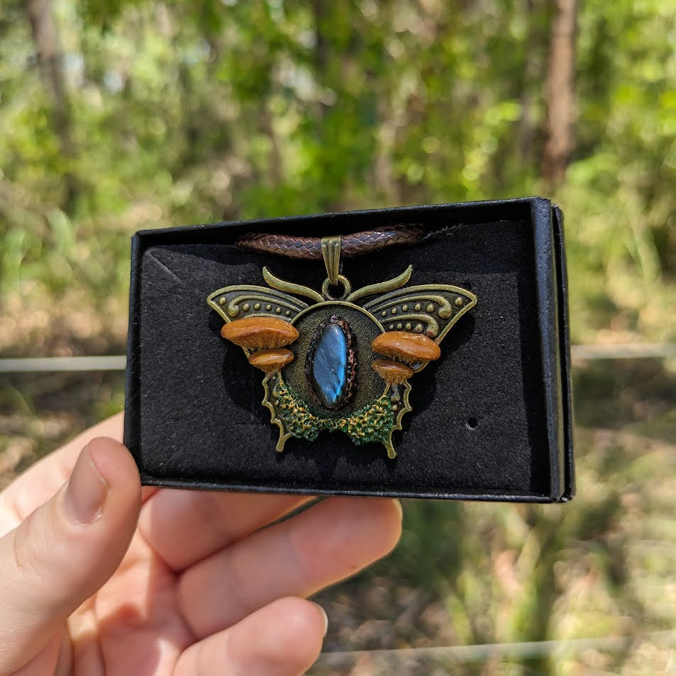 Mushroom Crystal Moth Necklace | Labradorite