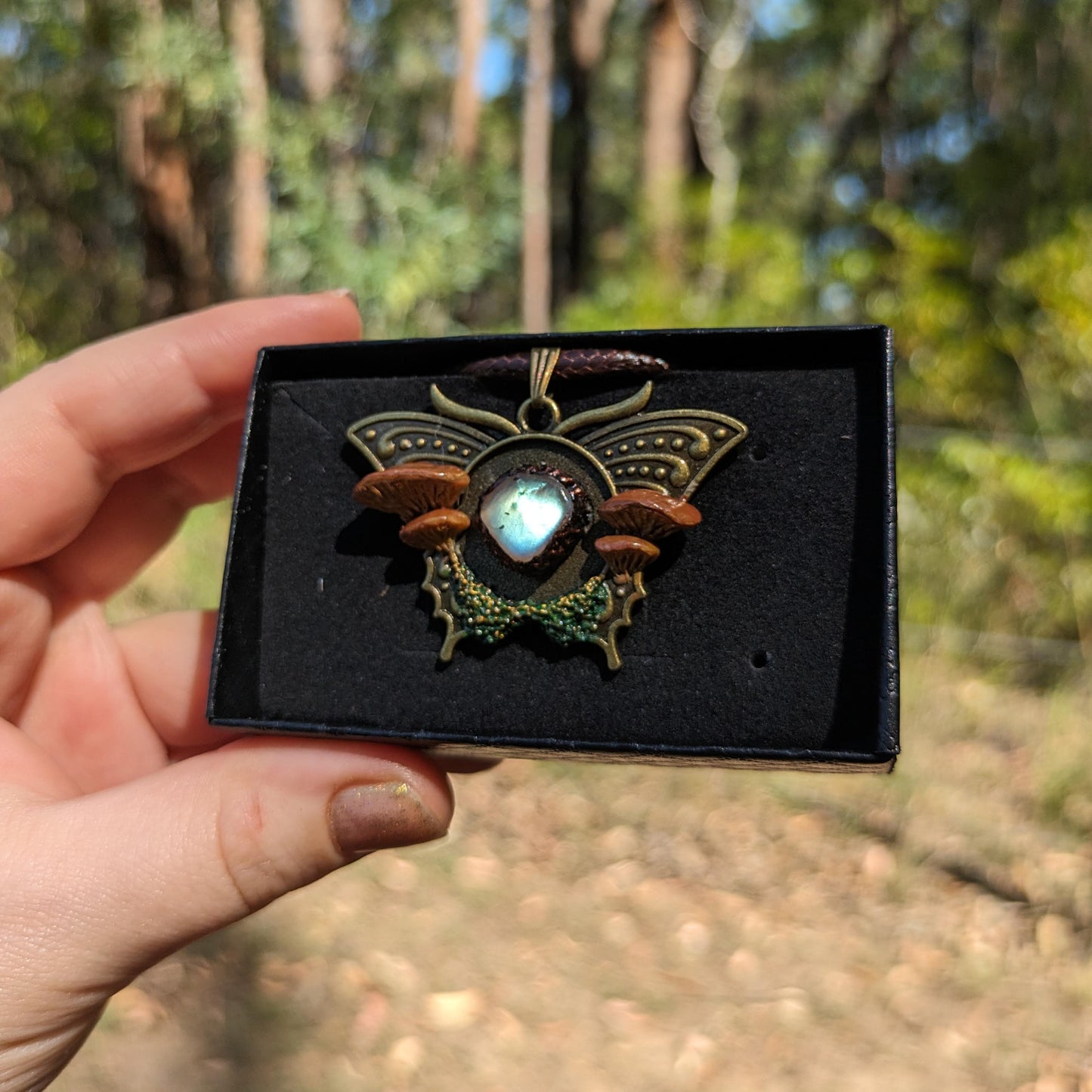 Mushroom Crystal Moth Necklace | Moonstone