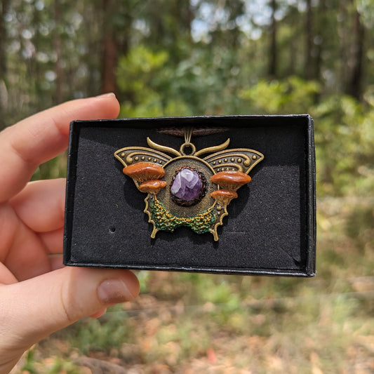 Mushroom Crystal Moth Necklace | Amethyst