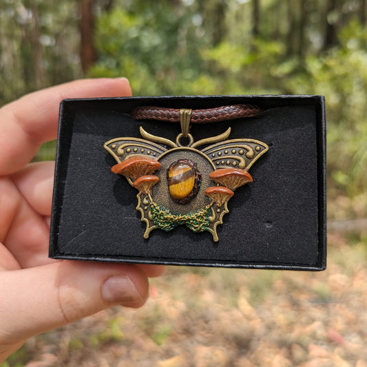 Mushroom Crystal Moth Necklace | Tiger's Eye