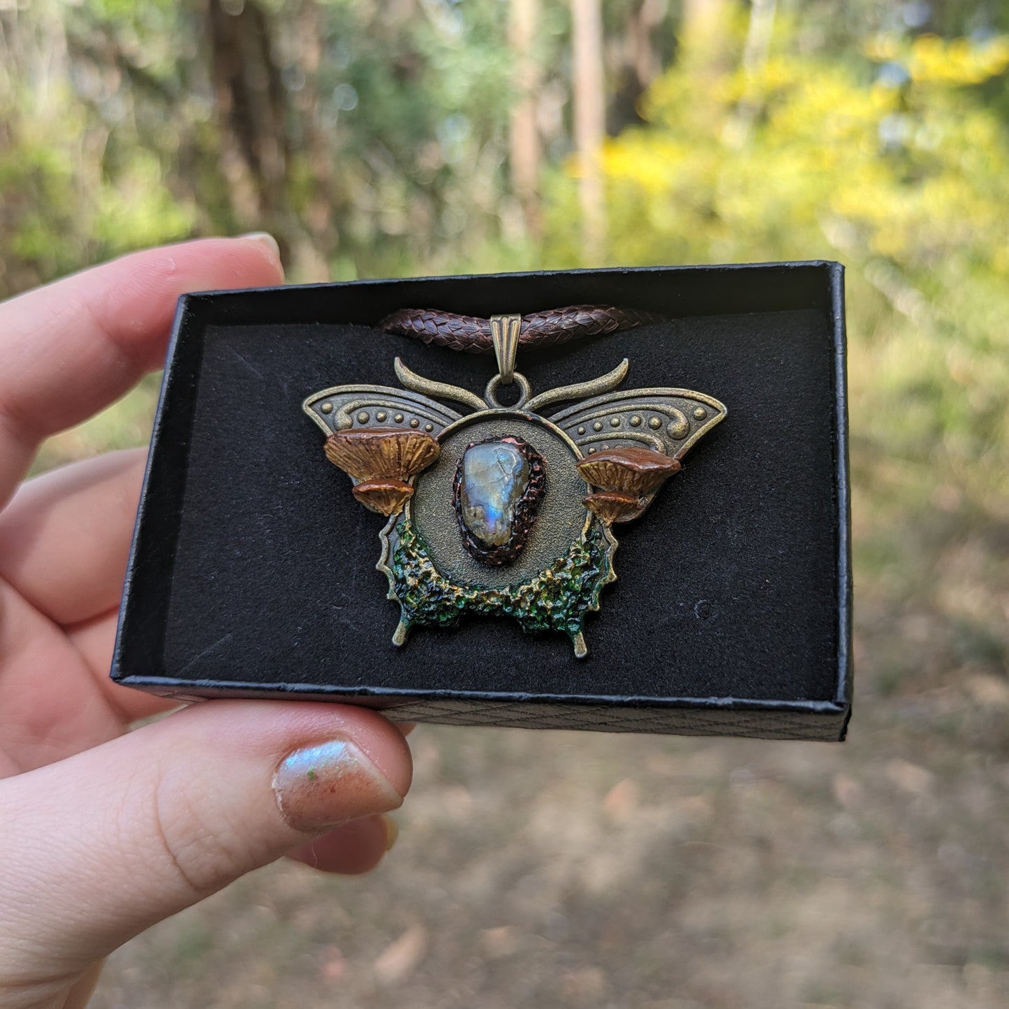 Mushroom Crystal Moth Necklace | Labradorite