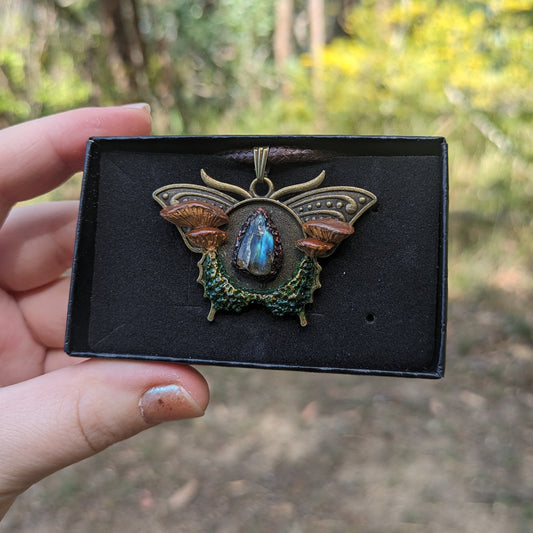 Mushroom Crystal Moth Necklace | Labradorite