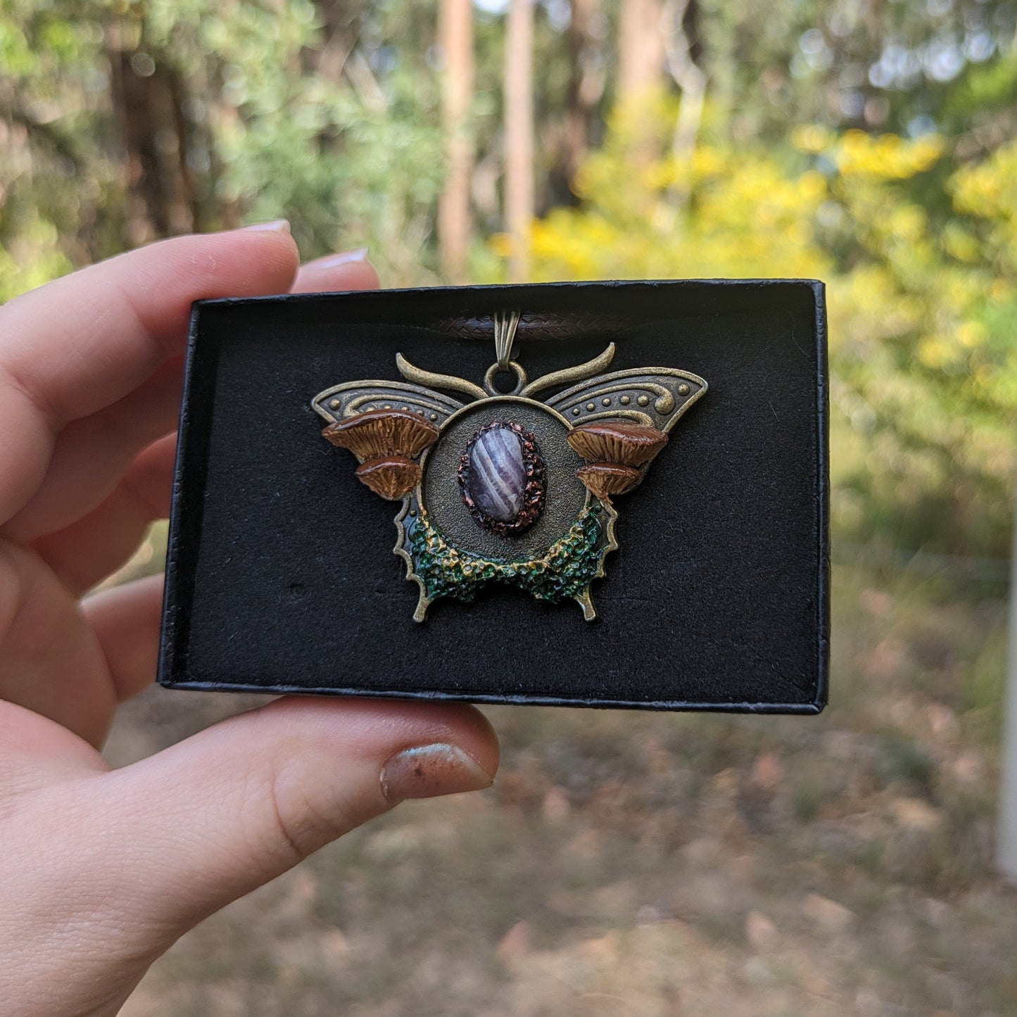 Mushroom Crystal Moth Necklace | Amethyst