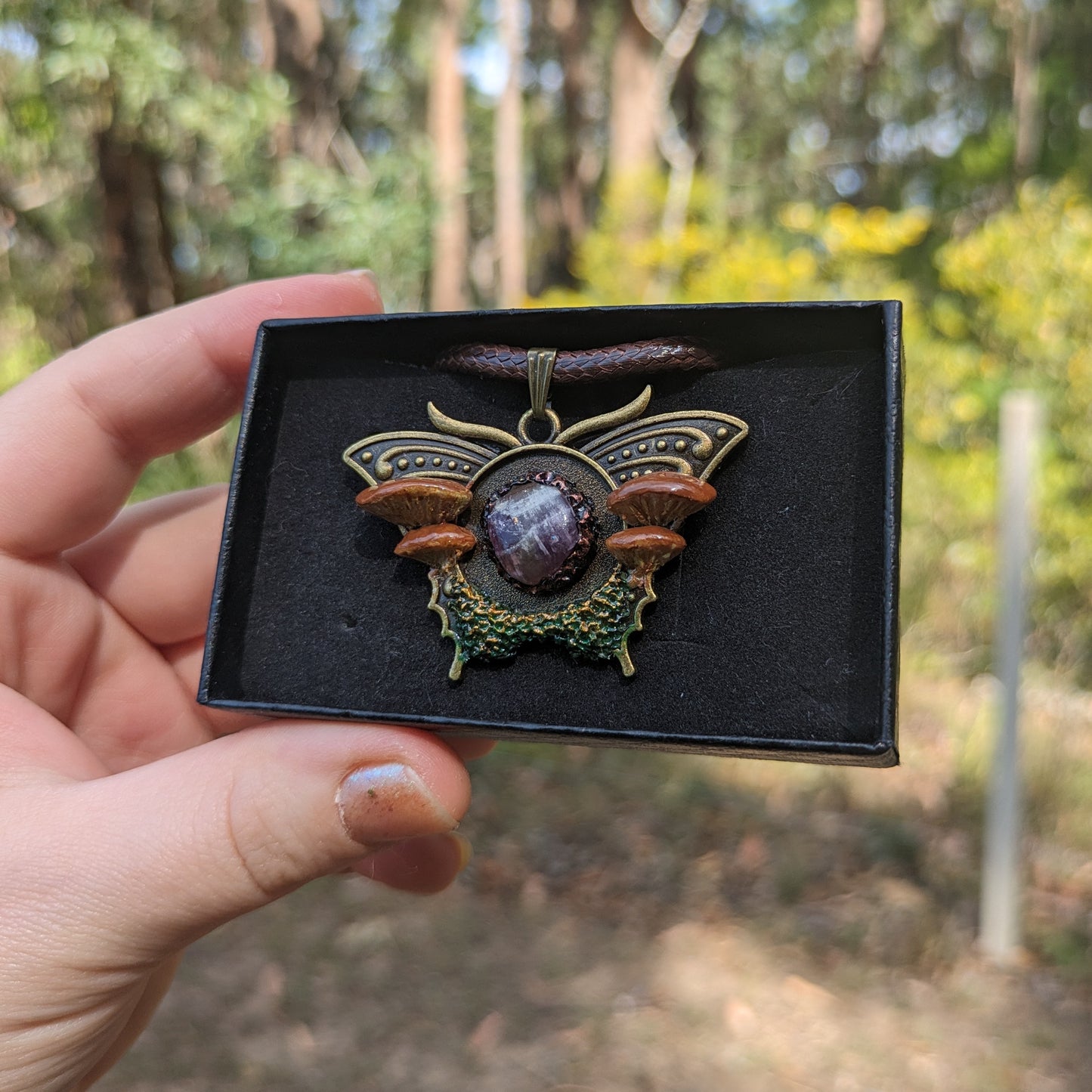 Mushroom Crystal Moth Necklace | Amethyst