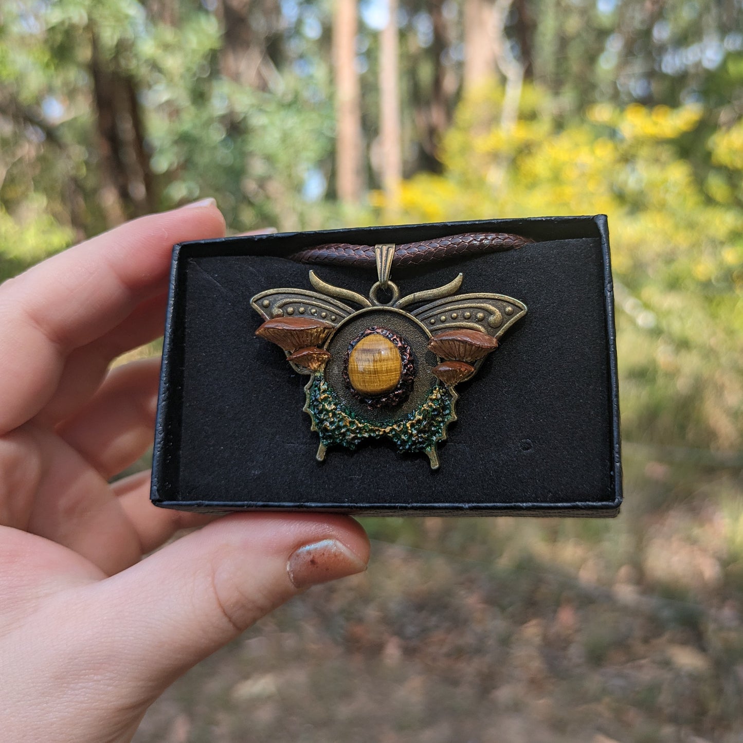 Mushroom Crystal Moth Necklace | Tiger's Eye