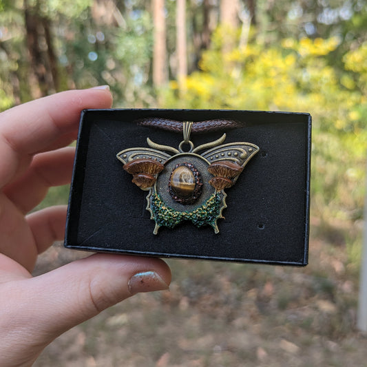 Mushroom Crystal Moth Necklace | Tiger's Eye